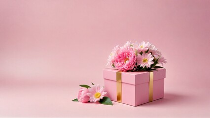 Fresh spring flowers laying near Gift box with ribbon on soft pink background
