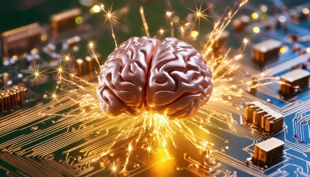 A brain merging with a luminous circuit board, representing the convergence of human intellect and AI technology, bathed in vibrant orange and blue light.
