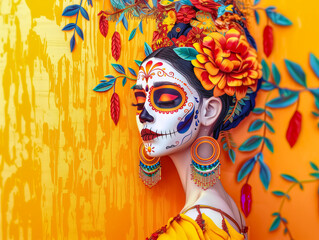 View from side woman paint face for day of deth festivial on a yellow background which have leaf decorate on the wall