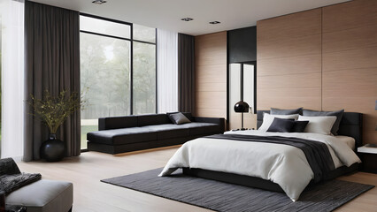 Modern bedroom design, modern furniture, double beds and french window, high-end apartments or hotels, high-end furniture