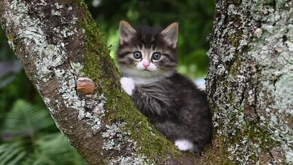 Portrait of lovely striped kitten with beautiful eyes climbing the tree in the cottage garden. Domestic animal cat looking in camera.