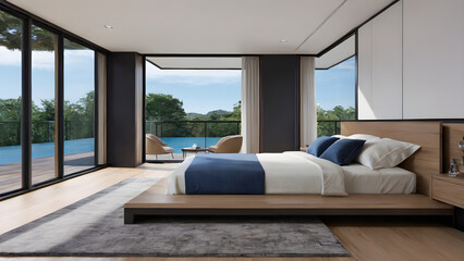 Modern bedroom design, modern furniture, double beds and french window, high-end apartments or hotels, high-end furniture