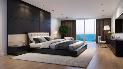 Modern bedroom design, modern furniture, double beds and french window, high-end apartments or hotels, high-end furniture