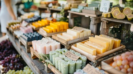 Handcrafted soaps and candles displayed at a farmers market, with a vendor arranging their unique products
