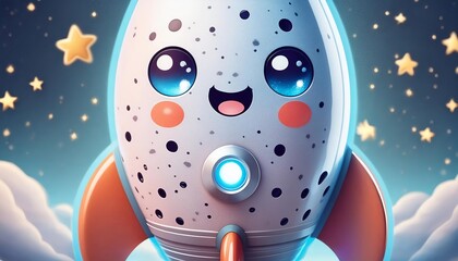 Naklejka premium A charming cartoon rocket with a cheerful expression, floating in space. The rocket features big, sparkling eyes and a smiling face, creating a playful and whimsical atmosphere. 