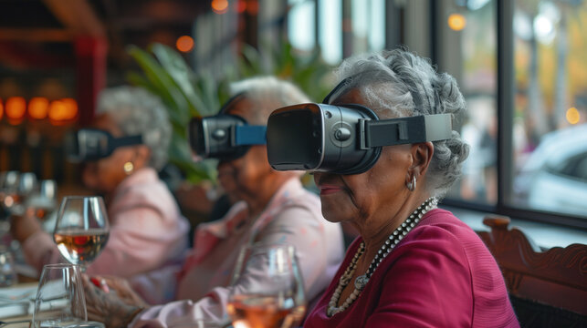 Senior women using VR headsets. Elderly mixed-race women experiencing virtual reality in a social setting.