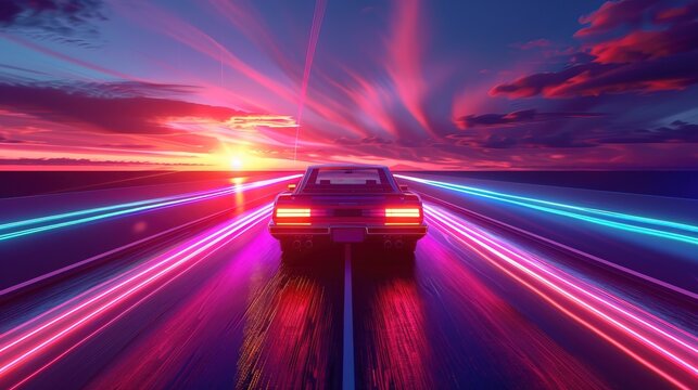 Car ride on the neon road in 80s retro synthwave style 