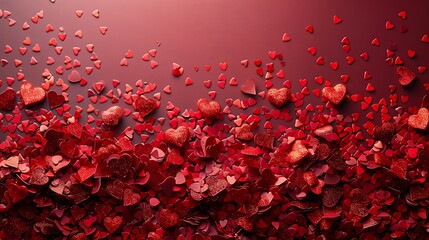 A collection of heart-shaped confetti scattered on a solid red background