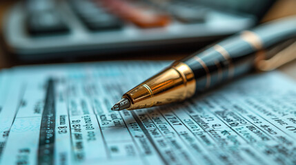 Focus on pen tip with blurred financial data in the background.