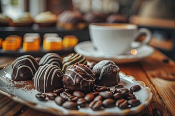 A close-up of assorted chocolate truffles and coffee beans on a plate with a cup of coffee in the background on a wooden table.