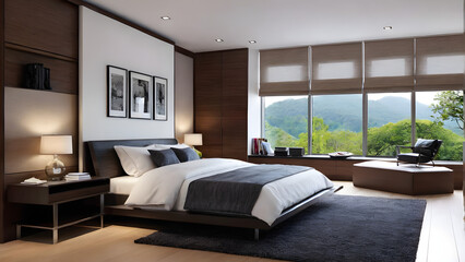 Modern bedroom design, modern furniture, double beds and french window, high-end apartments or hotels, high-end furniture