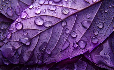Fototapeta premium The structure of a purple leaf, the background of the leaf with veins and cells. Droplets on a leaf. Macro.