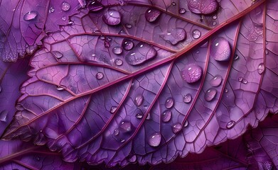 Fototapeta premium The structure of a purple leaf, the background of the leaf with veins and cells. Droplets on a leaf. Macro.