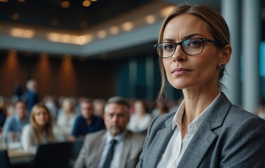 Female business seminar coach at convention center looking at camera