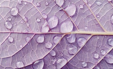 Obraz premium The structure of a purple leaf, the background of the leaf with veins and cells. Droplets on a leaf. Macro.
