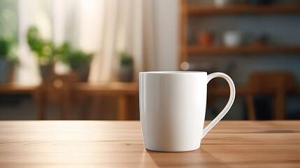 White Mug MockUps Coffee Cup on dinning table in kitchen in morning