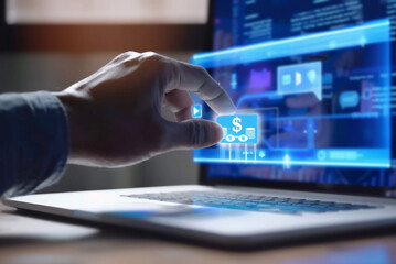 A hand reaches for a virtual icon with a dollar sign on a laptop screen. The concept of making money on the Internet