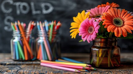 still life with flowers and pencils