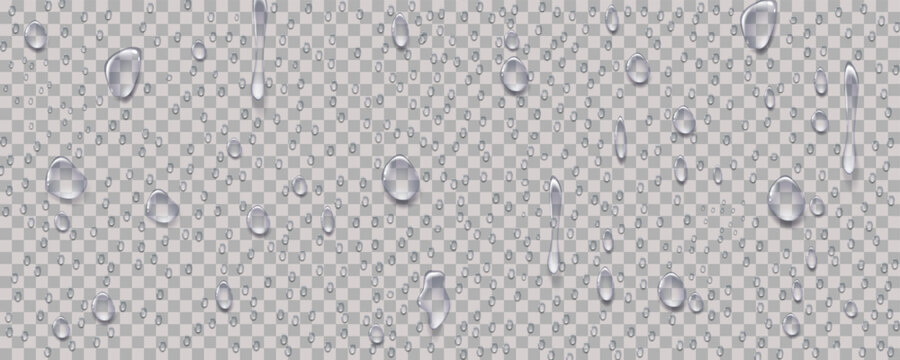 Rain transparent drops flow down the glass.Realistic wet condensation texture.Fresh water splash effect on the surface.Liquid spreading droplet shapes.