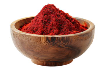 Red chili powder in a wooden bowl isolated on white background