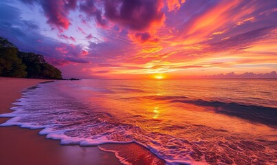 breathtaking sunset on a secluded beach, the sky ablaze with colors, calm waves lapping at the shore