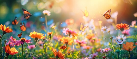 Sunshine highlighting a vibrant garden in full bloom, with colorful flowers and butterflies flitting about