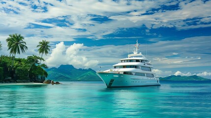 Naklejka premium Luxury Cruise Boat Anchored by Tropical Seychelles Island with Pristine Waters