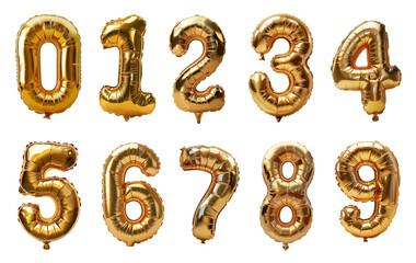 Set of golden numbers balloons isolated on transparent background. Generative AI