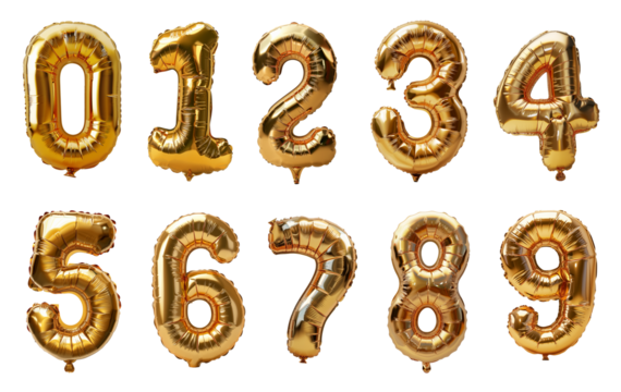 Set of golden numbers balloons isolated on transparent background. Generative AI
