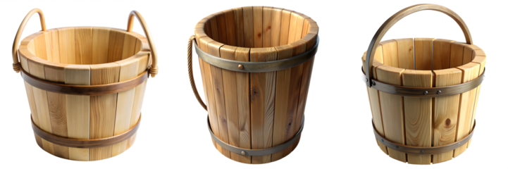 Wooden bucket for the bath highly detailed isolated on transparent background PNG file