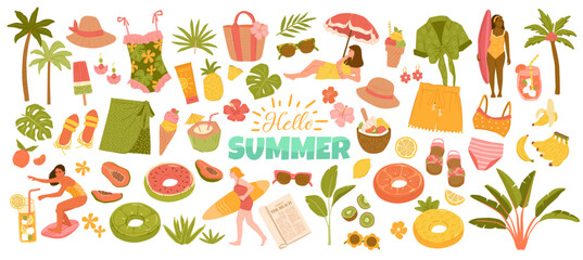Set of tropical summer beach woman vector illustrations, essentials, swim suits, outfit, summer drinks, fruits, palm trees and ice creams 
