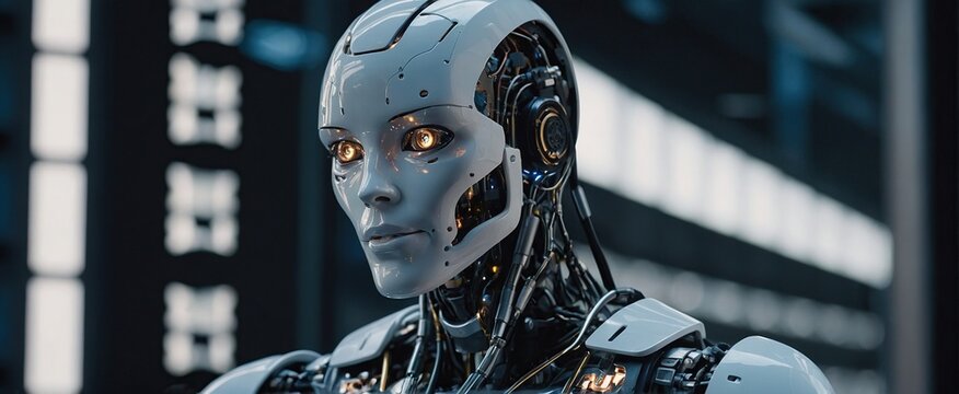  Futuristic Humanoid AI Robot Engages in Advanced Machine Learning and Data Analysis, Utilizing Cloud Computing and Neural Networks in a High-Tech Virtual Environment