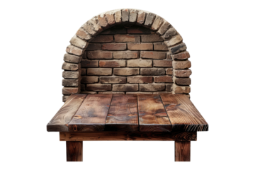 Wooden table top with brick oven isolated on white background
