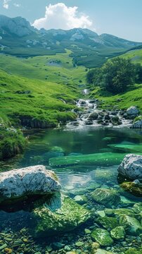 blue sky,green hills green water,natural ambient light, high quality, 8K raw 