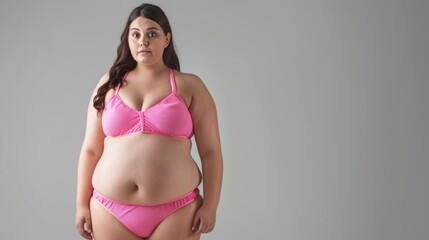 A plus size woman in a pink bikini stands against a plain grey backdrop. She stares directly at the camera, with copy space to the right