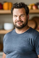 Obraz premium A plus-size man with blue eyes and a beard smiles at the camera in a kitchen