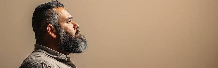Fototapeta premium A man with a beard stares into the distance with a contemplative expression