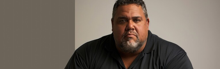 Fototapeta premium A close-up portrait of an overweight man wearing a black polo shirt, staring directly at the camera