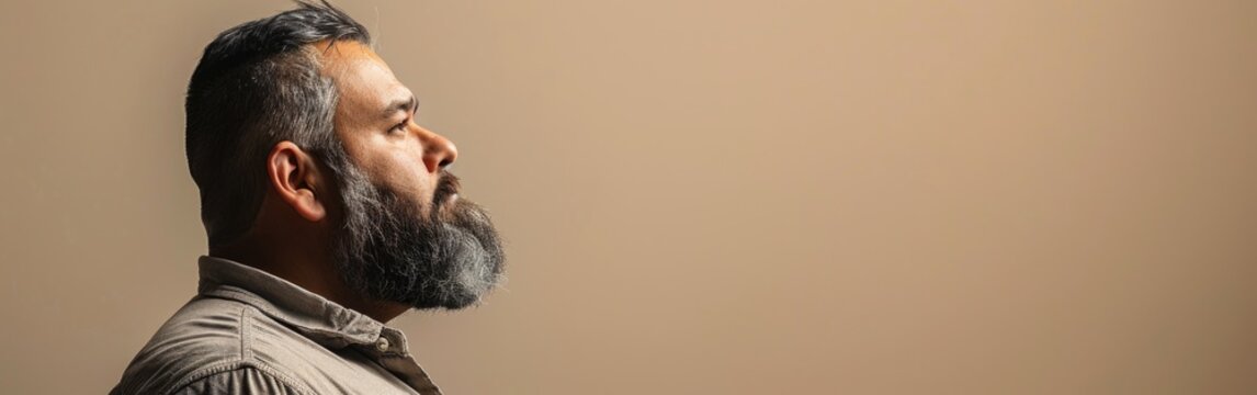 A man with a beard stares into the distance with a contemplative expression
