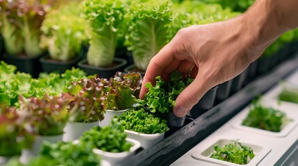 Close up of man's hands picking small plants from plastic pots