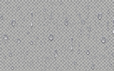 Rain transparent drops flow down the glass.Realistic wet condensation texture.Fresh water splash effect on the surface.Liquid spreading droplet shapes.