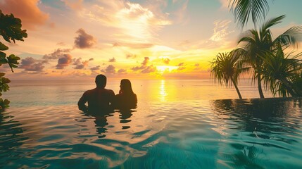 Romantic Beach Getaway: Luxury Honeymoon Couple's Tropical Vacation in Exquisite Hotel Setting