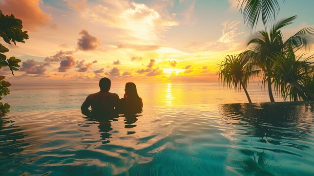 Romantic Beach Getaway: Luxury Honeymoon Couple's Tropical Vacation in Exquisite Hotel Setting