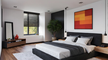 Modern bedroom design, modern furniture, double beds and french window, high-end apartments or hotels, high-end furniture