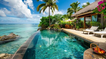 Fototapeta premium Luxury Tropical Vacation Setting with Spa Swimming Pool on Mauritius Island