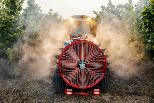 Rear view of agricultural vehicle with sprayer machine spraying hazel trees at countryside.