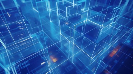 Obraz premium A blue background with lines of light in the shape of translucent squares, creating an abstract and futuristic design