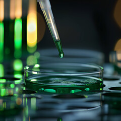 Closeup pipette sample Green liquid into a petri dish in lab of biomedical research ar 16:8 style raw