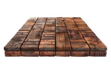 Wooden table top with brick oven isolated on white background