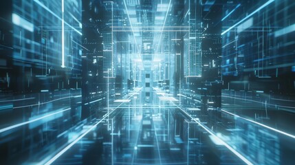 A digital abstract background with glowing blue and white lines representing data flow, over an intricate grid of transparent glass blocks, creating the illusion that they form a futuristic cityscape